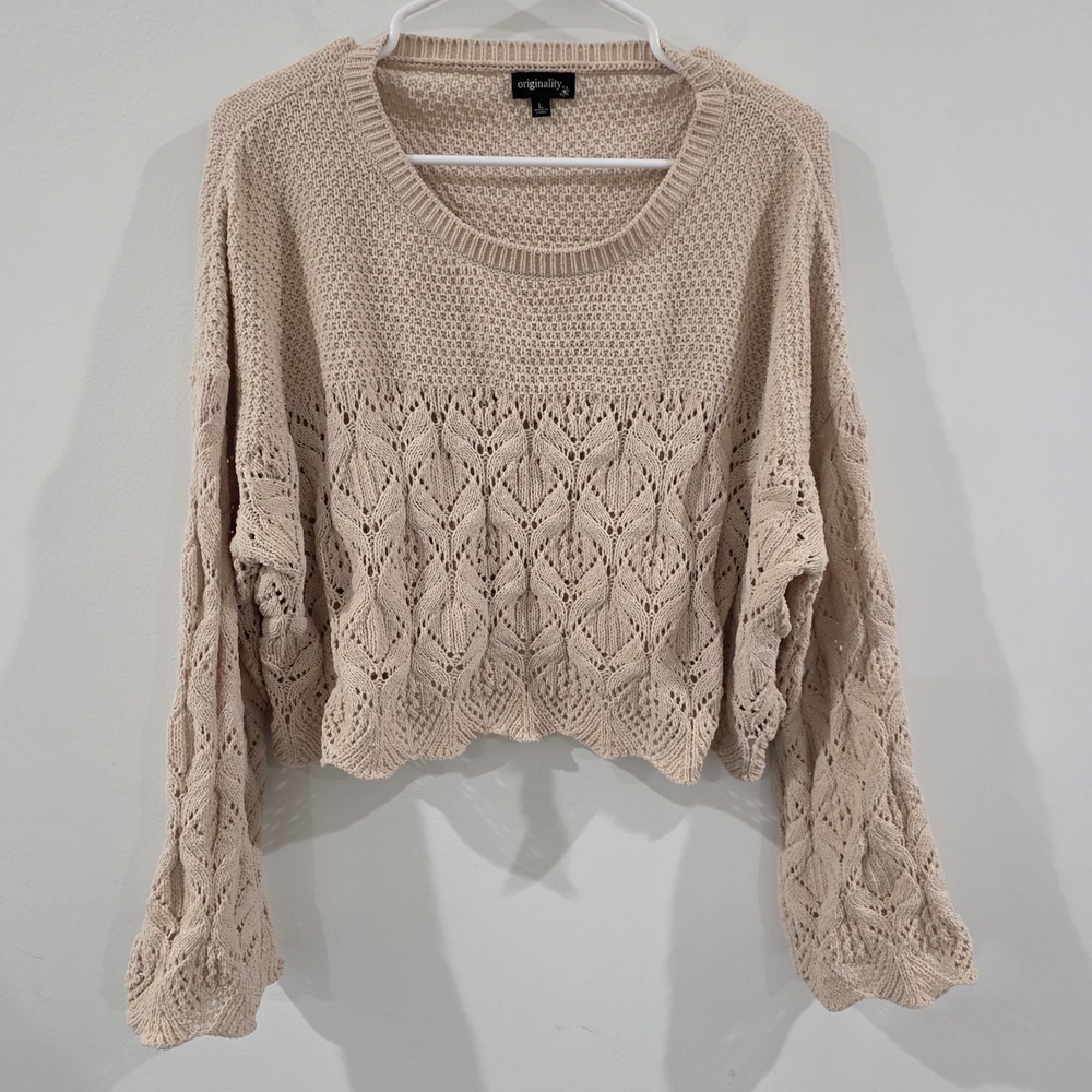 Womens Crop Pointelle Knit Sweater Size Large Beige Granola Beach Neutral Earthy